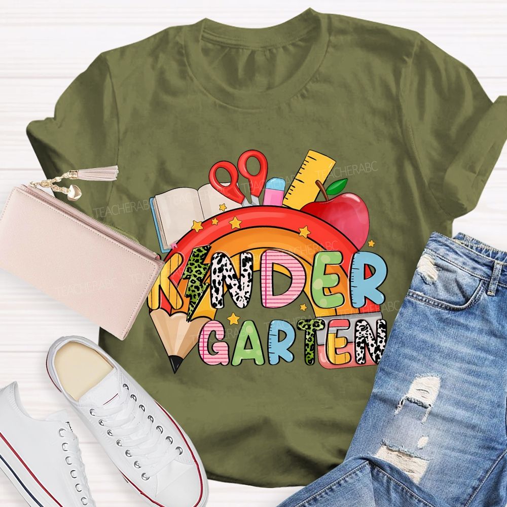 Personalized Grade Rainbow Kindergarten Teacher Life Vibes T-shirt