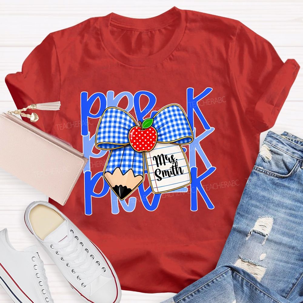 Personalized Name And Grade Pre-K Apple Bow Teacher T-shirt