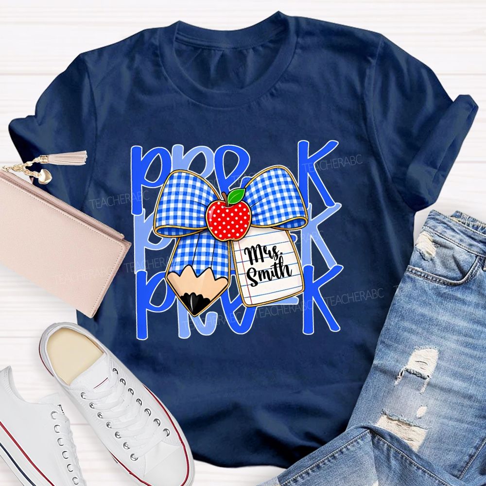 Personalized Name And Grade Pre-K Apple Bow Teacher T-shirt