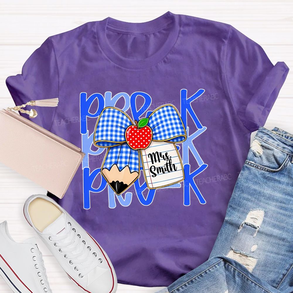 Personalized Name And Grade Pre-K Apple Bow Teacher T-shirt