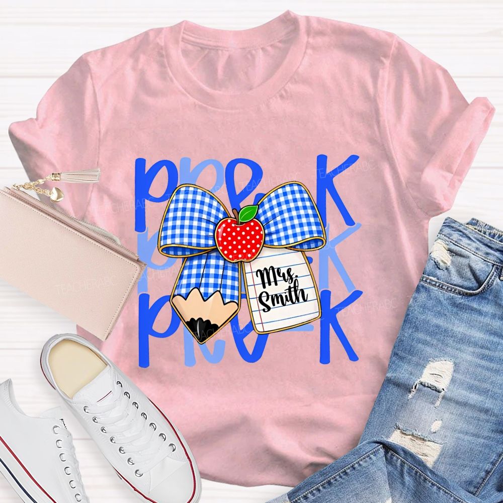 Personalized Name And Grade Pre-K Apple Bow Teacher T-shirt