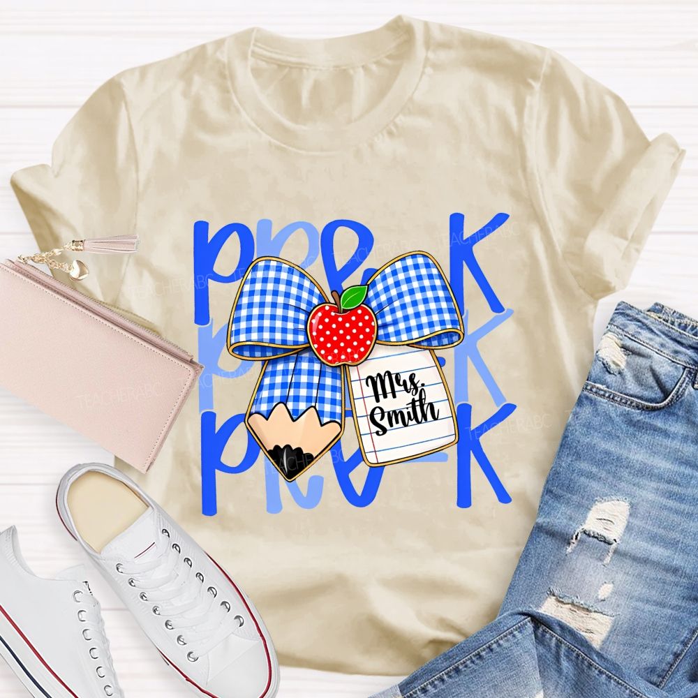 Personalized Name And Grade Pre-K Apple Bow Teacher T-shirt