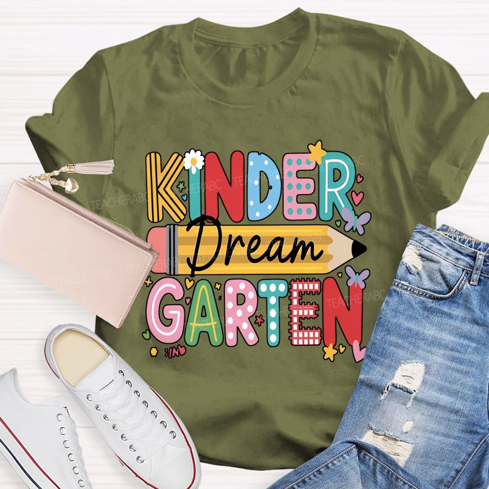 Personalized Grade Dream Kindergarten Color Mix Pattern Letter Pencil Floral Butterfly T-shirt