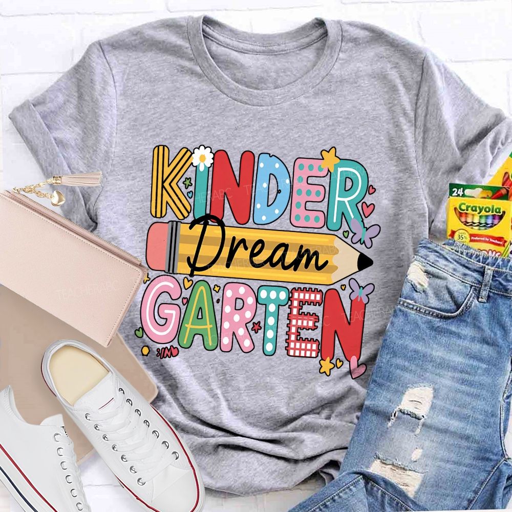 Personalized Grade Dream Kindergarten Color Mix Pattern Letter Pencil Floral Butterfly T-shirt