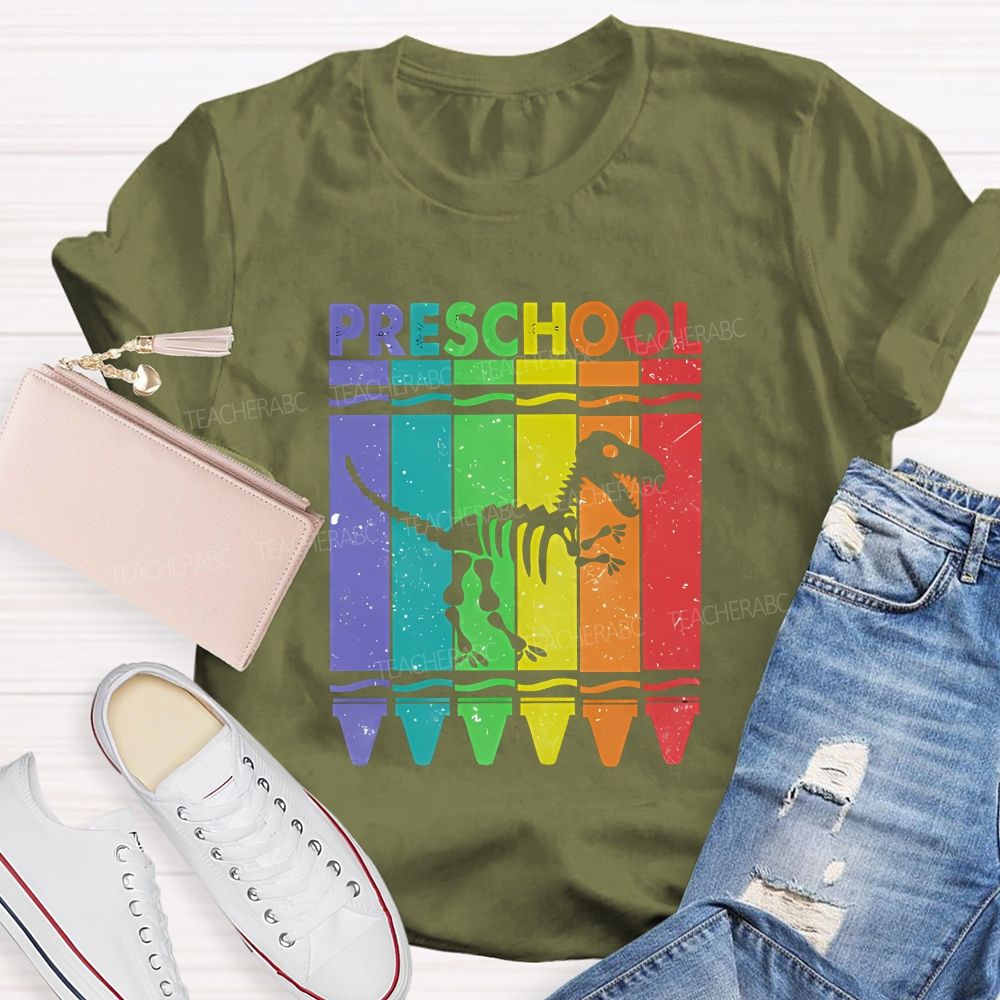 Personalized Grade Rainbow Crayon Dinosaur Skeleton Preschool Teacher T-shirt