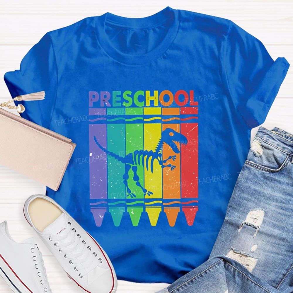 Personalized Grade Rainbow Crayon Dinosaur Skeleton Preschool Teacher T-shirt