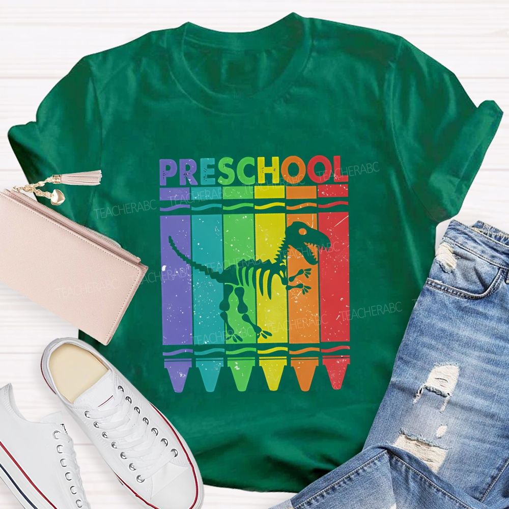 Personalized Grade Rainbow Crayon Dinosaur Skeleton Preschool Teacher T-shirt