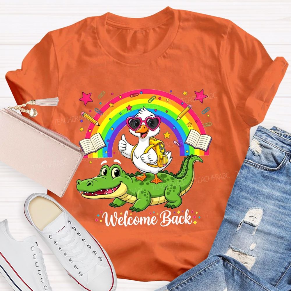 Welcome Back Duck On Crocodile Rainbow School Teacher T-shirt