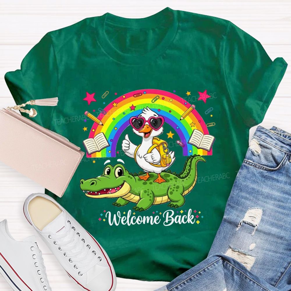 Welcome Back Duck On Crocodile Rainbow School Teacher T-shirt