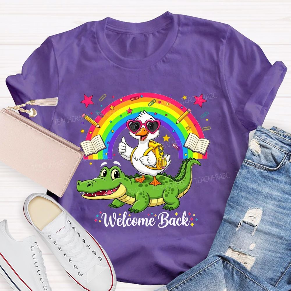 Welcome Back Duck On Crocodile Rainbow School Teacher T-shirt