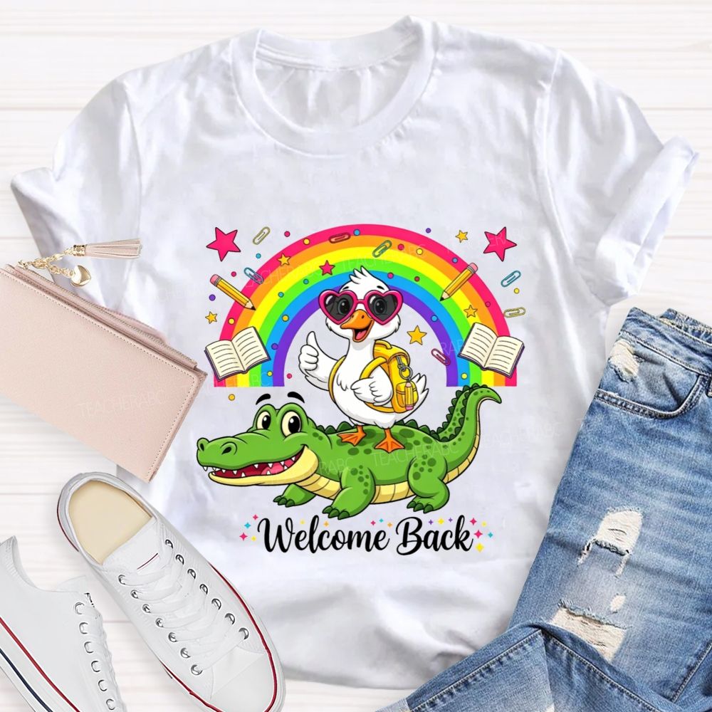 Welcome Back Duck On Crocodile Rainbow School Teacher T-shirt