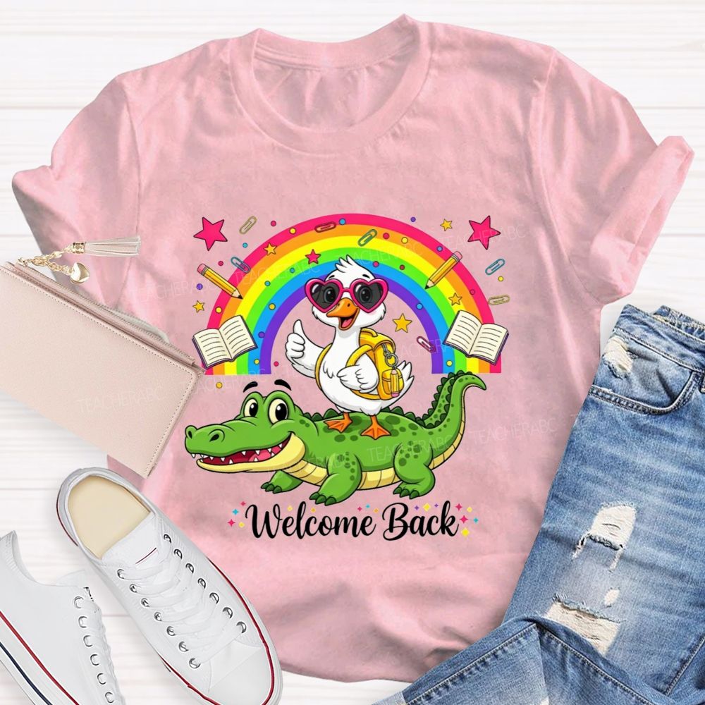 Welcome Back Duck On Crocodile Rainbow School Teacher T-shirt