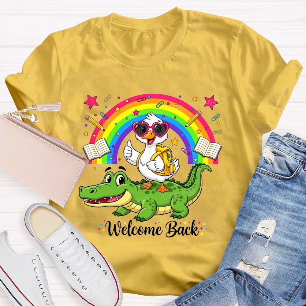 Welcome Back Duck On Crocodile Rainbow School Teacher T-shirt