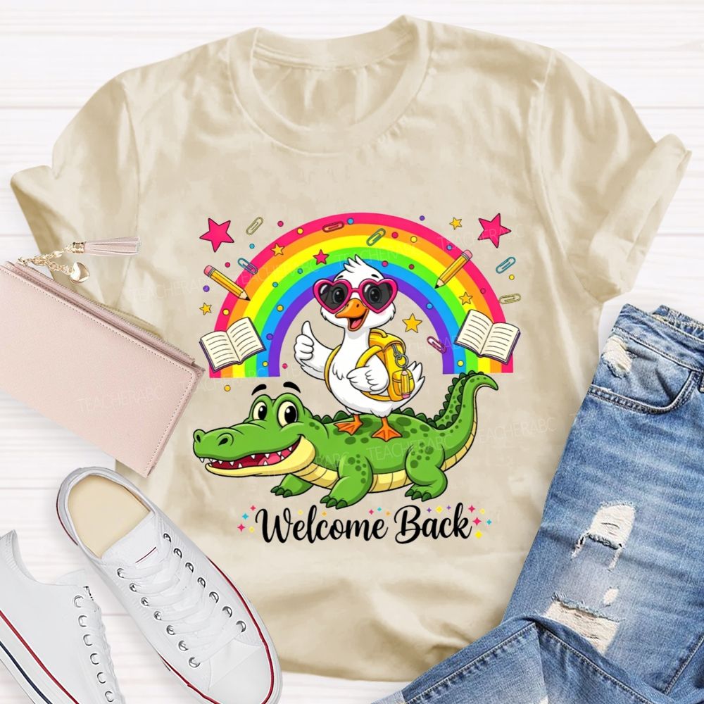 Welcome Back Duck On Crocodile Rainbow School Teacher T-shirt