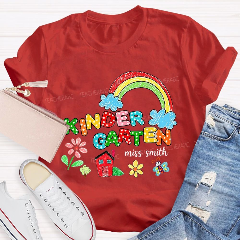 Personalized Name Kindergarten Crayon Rainbow Floral Teacher T-shirt