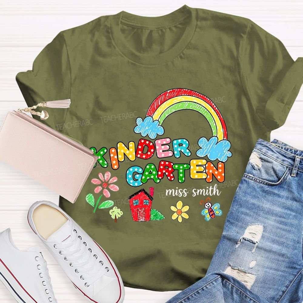 Personalized Name Kindergarten Crayon Rainbow Floral Teacher T-shirt