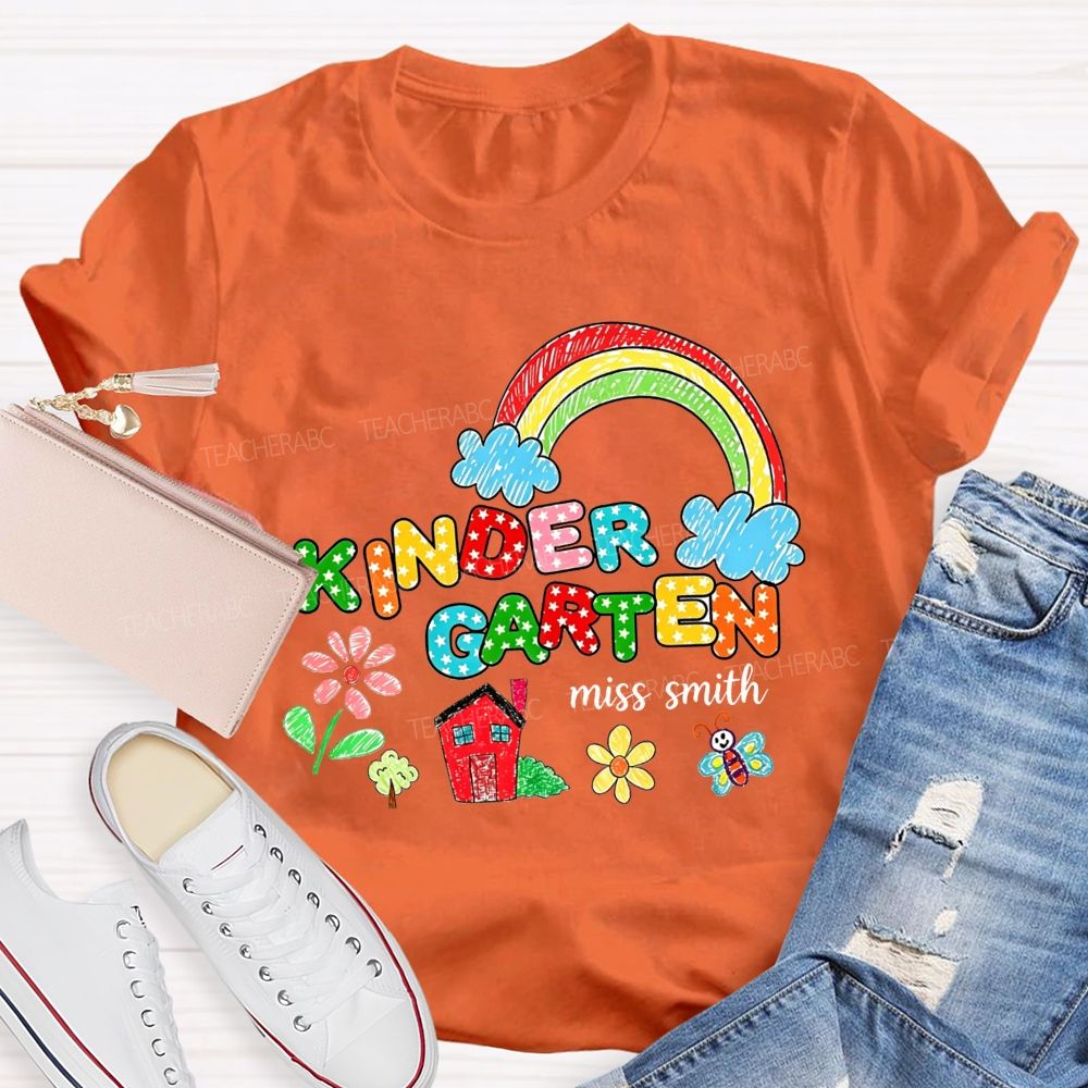 Personalized Name Kindergarten Crayon Rainbow Floral Teacher T-shirt