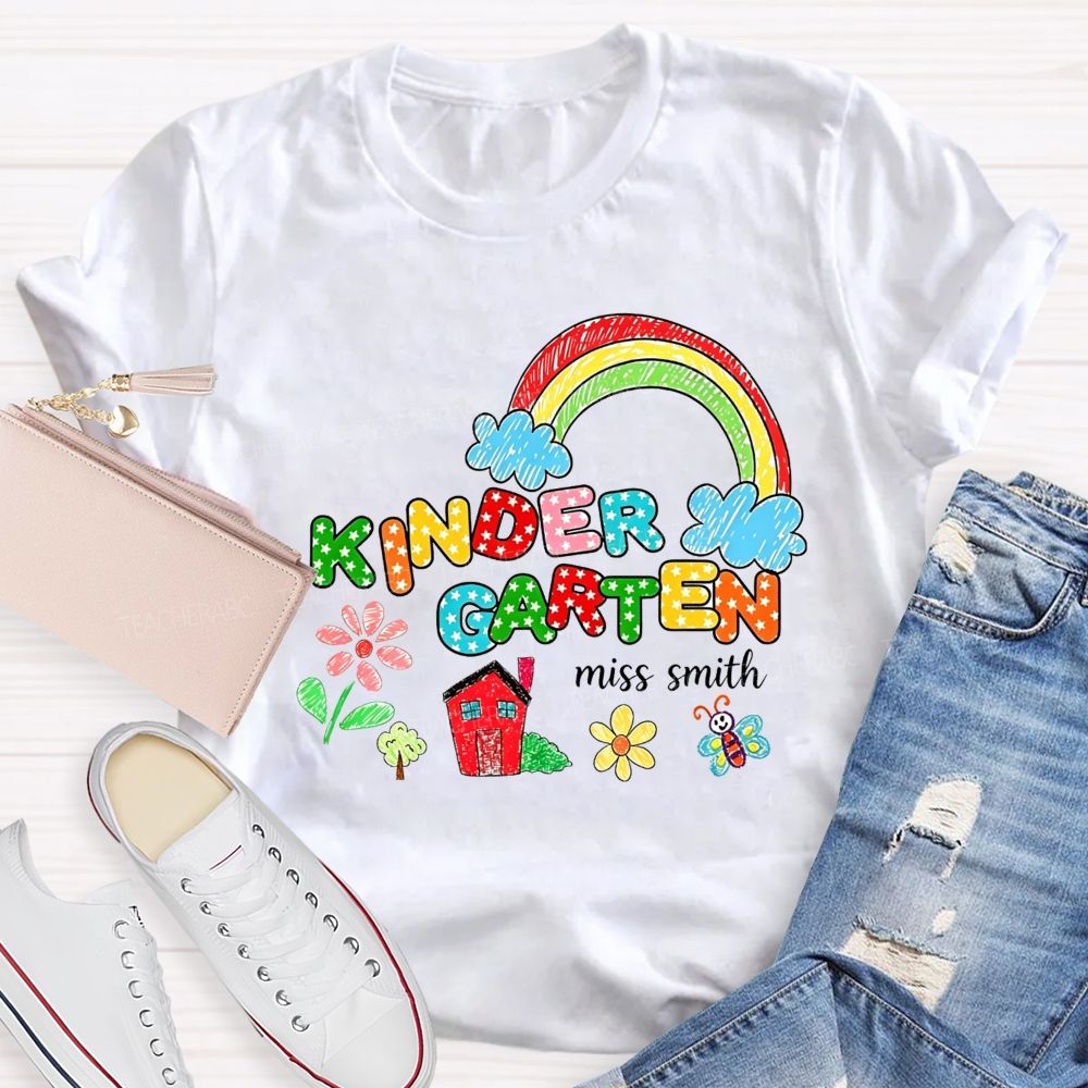 Personalized Name Kindergarten Crayon Rainbow Floral Teacher T-shirt