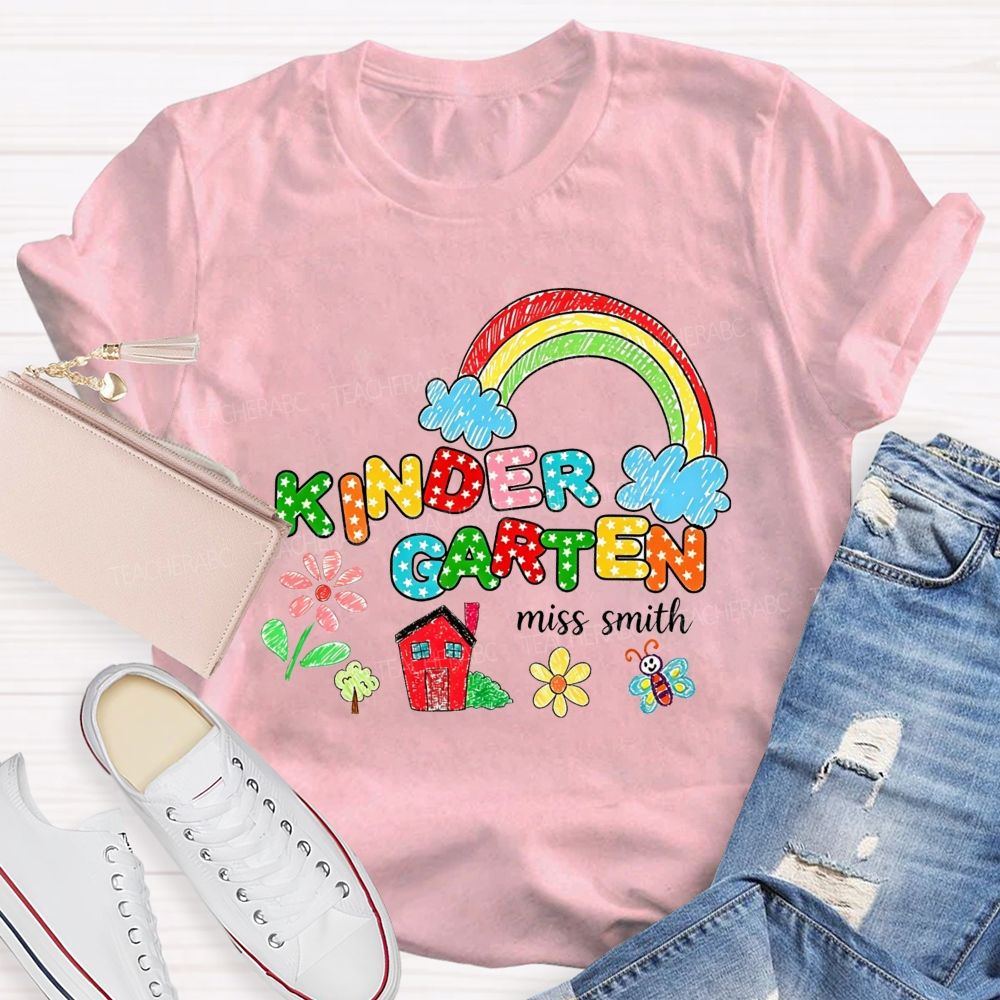 Personalized Name Kindergarten Crayon Rainbow Floral Teacher T-shirt