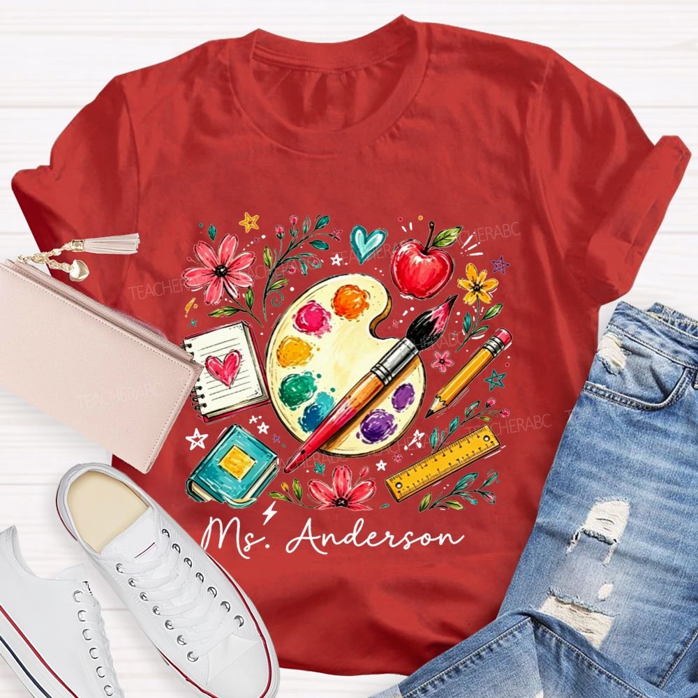 Personalized Name Art Teacher Watercolor Art Supply Floral T-shirt