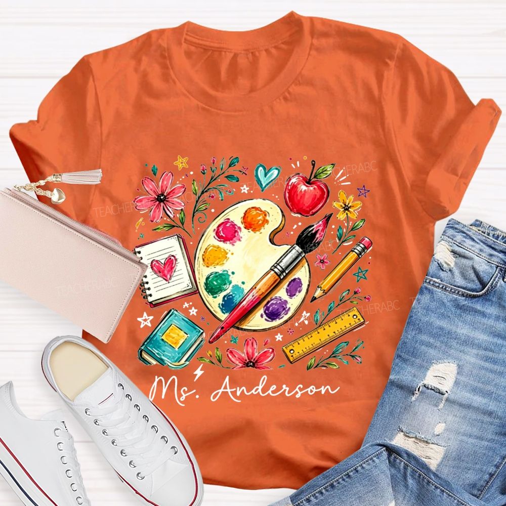 Personalized Name Art Teacher Watercolor Art Supply Floral T-shirt