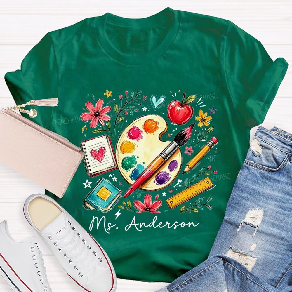 Personalized Name Art Teacher Watercolor Art Supply Floral T-shirt