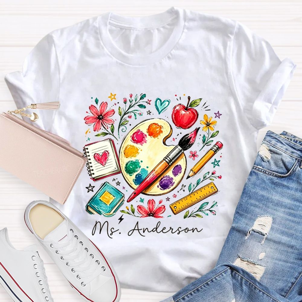 Personalized Name Art Teacher Watercolor Art Supply Floral T-shirt