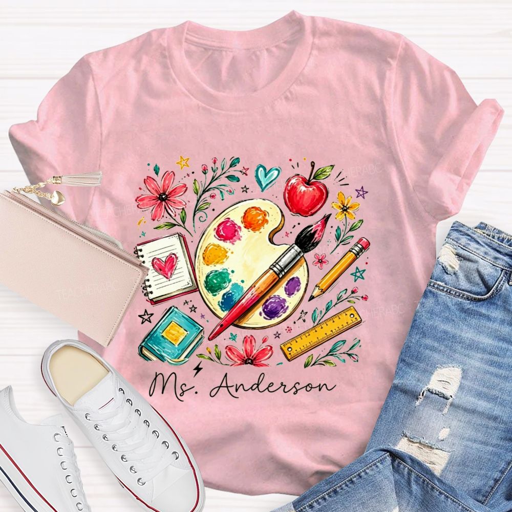 Personalized Name Art Teacher Watercolor Art Supply Floral T-shirt