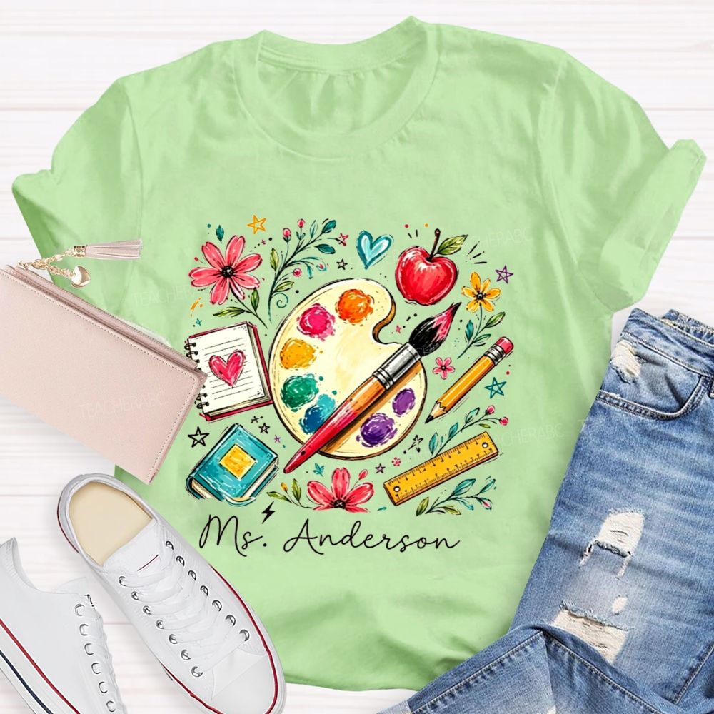 Personalized Name Art Teacher Watercolor Art Supply Floral T-shirt