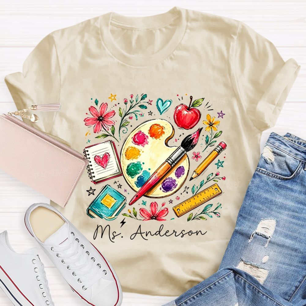 Personalized Name Art Teacher Watercolor Art Supply Floral T-shirt