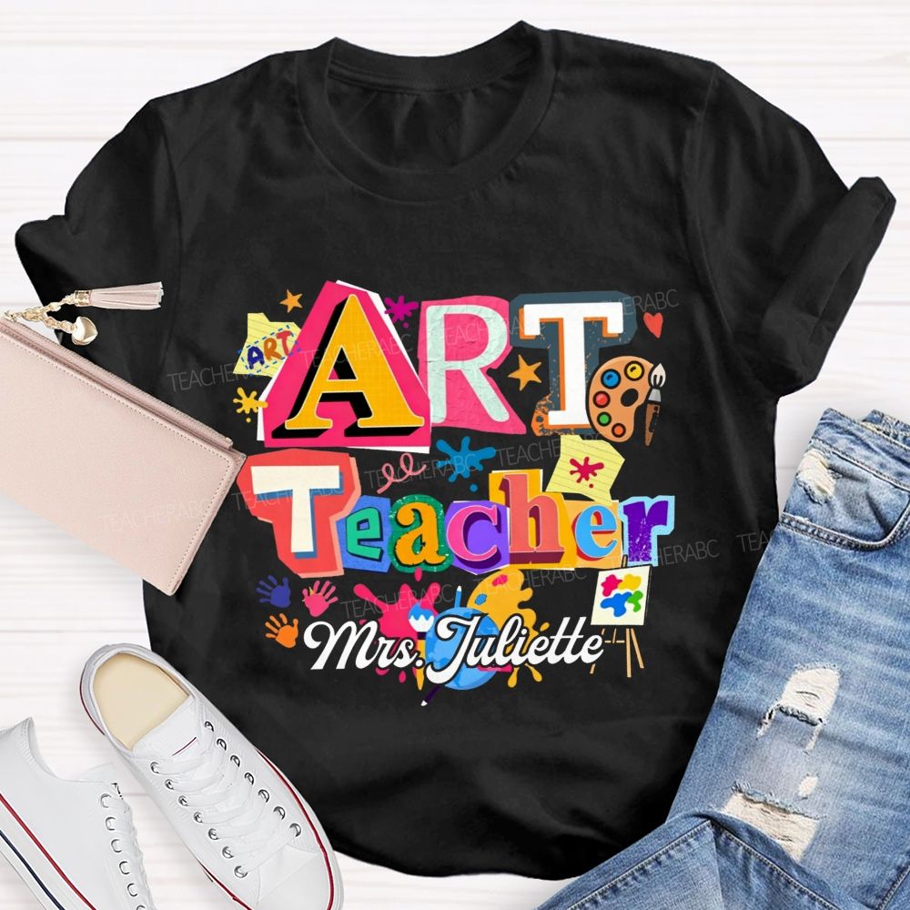 Personalized Name Art Teacher Paint Splatter Handprint T-shirt
