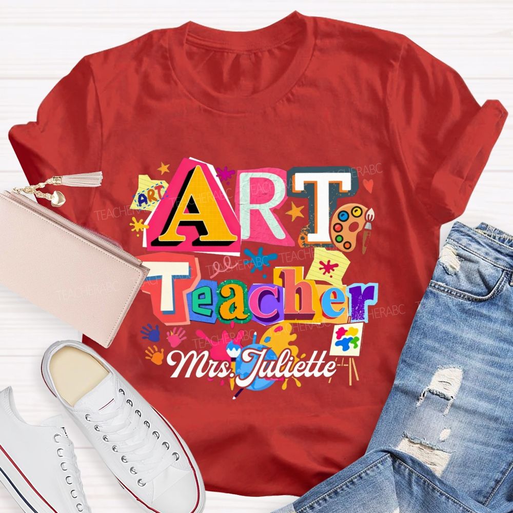 Personalized Name Art Teacher Paint Splatter Handprint T-shirt
