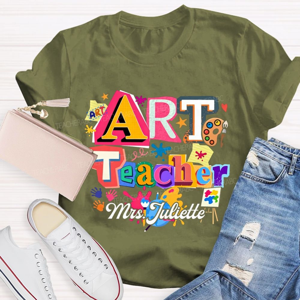 Personalized Name Art Teacher Paint Splatter Handprint T-shirt