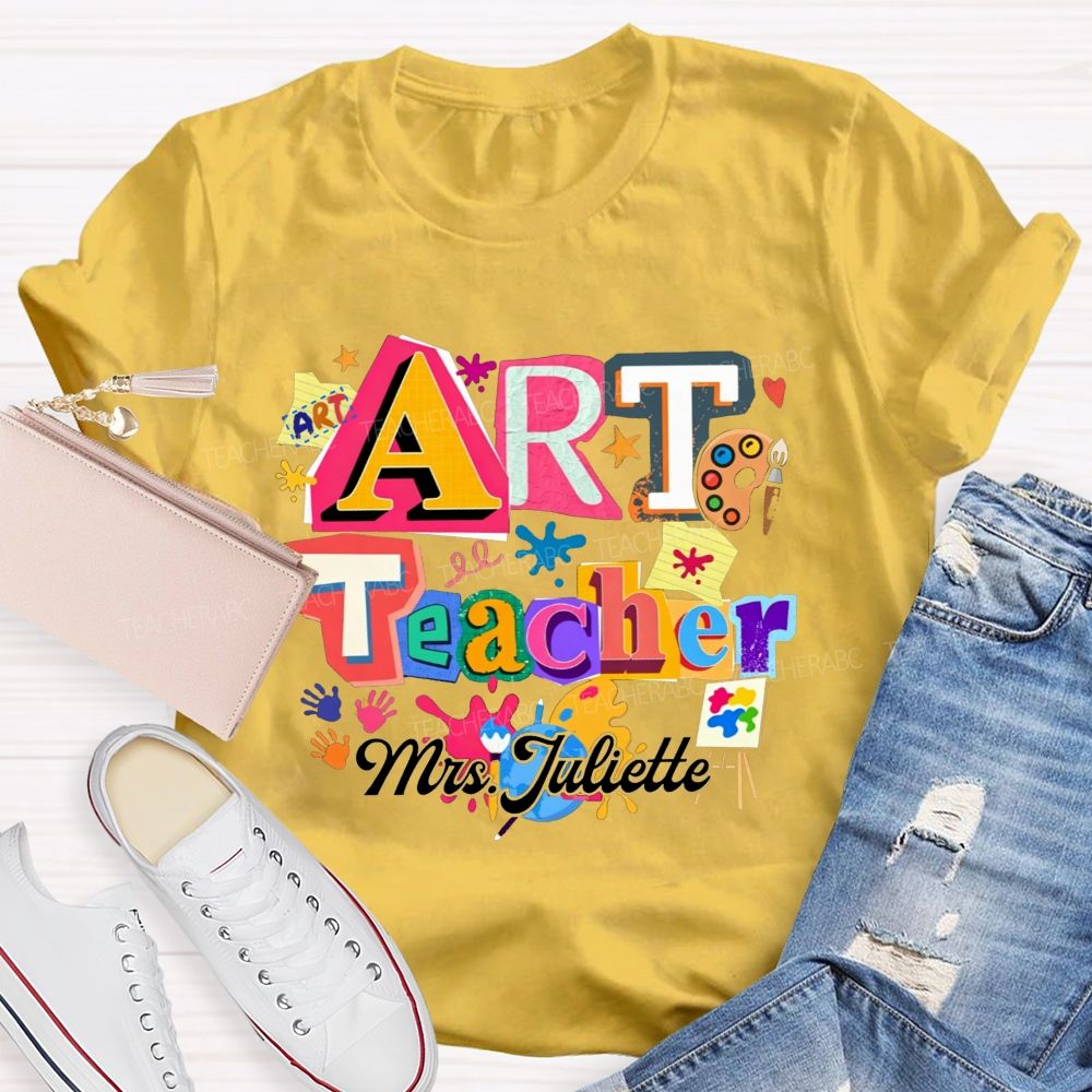 Personalized Name Art Teacher Paint Splatter Handprint T-shirt