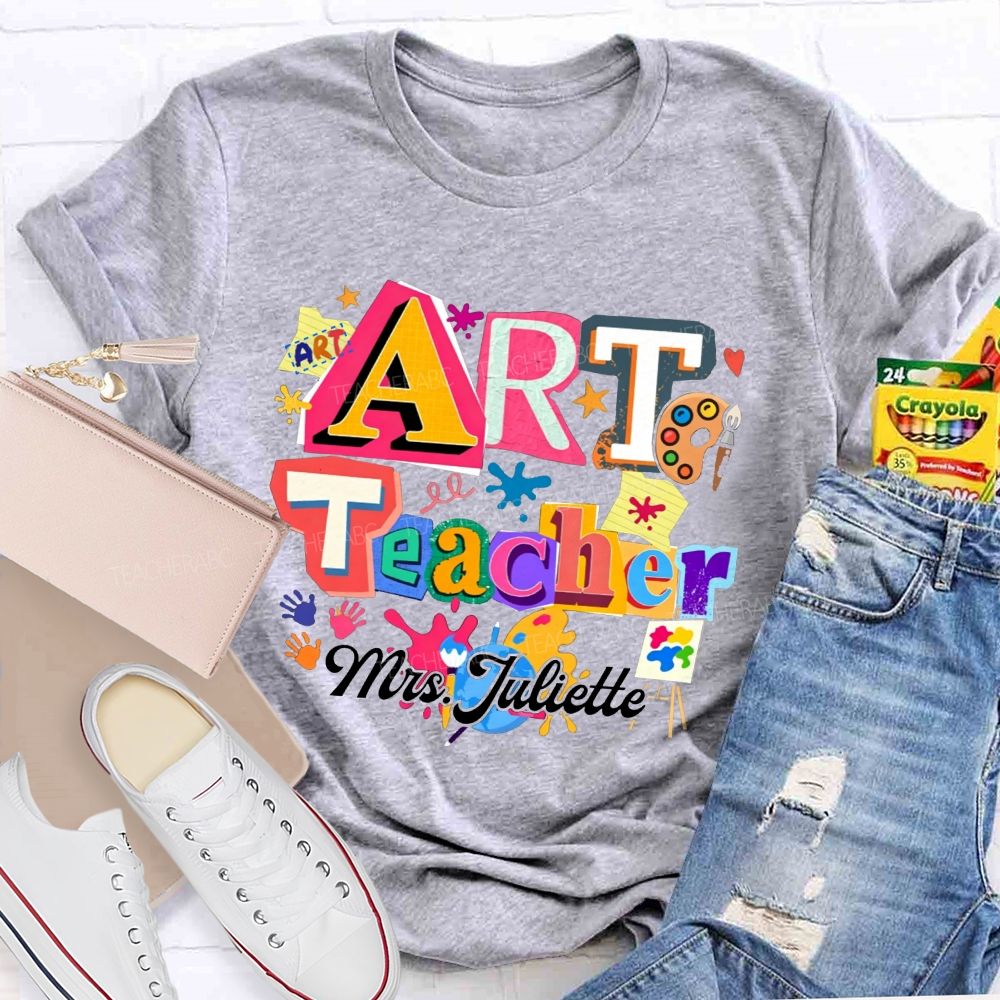 Personalized Name Art Teacher Paint Splatter Handprint T-shirt