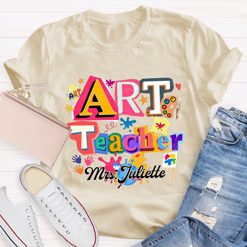 Personalized Name Art Teacher Paint Splatter Handprint T-shirt