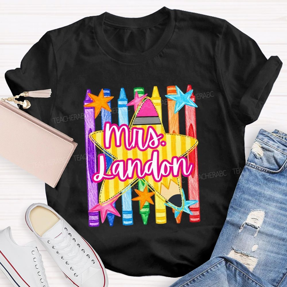 Personalized Name Watercolor Crayon Star Graphic Teacher T-shirt