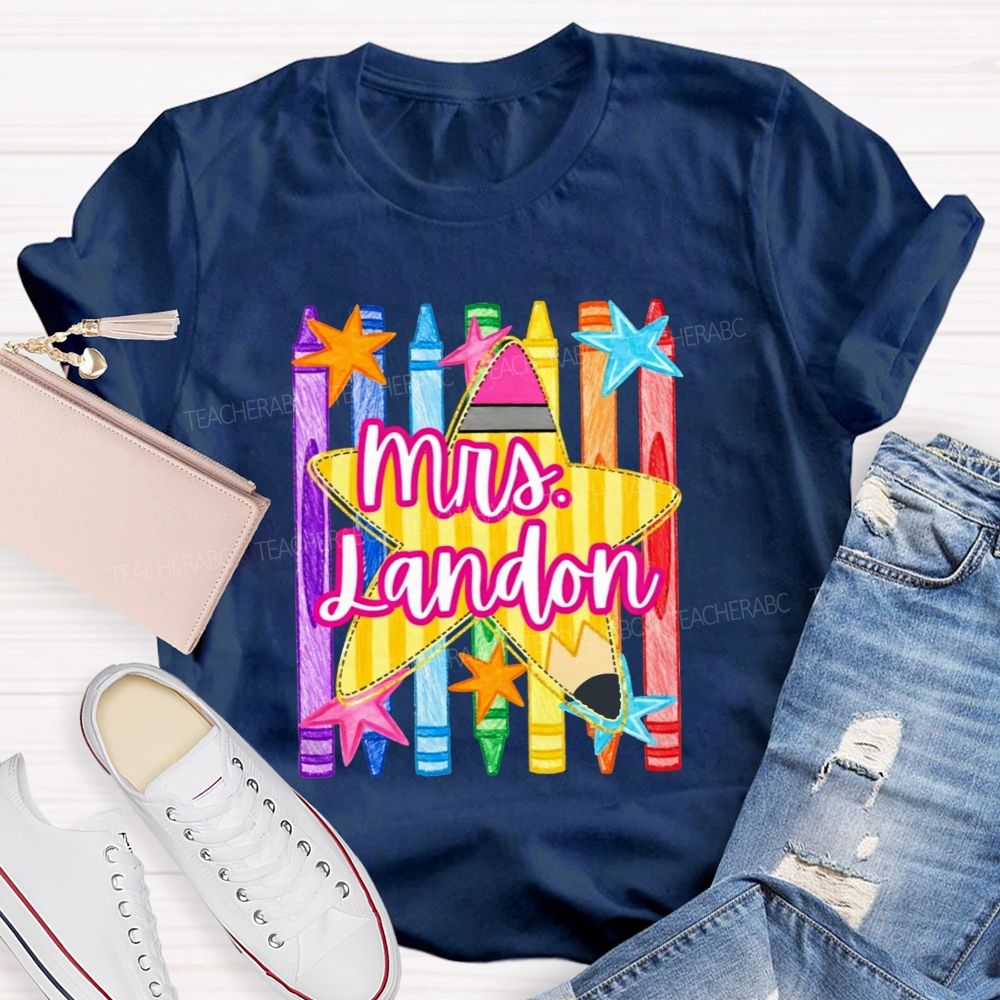 Personalized Name Watercolor Crayon Star Graphic Teacher T-shirt