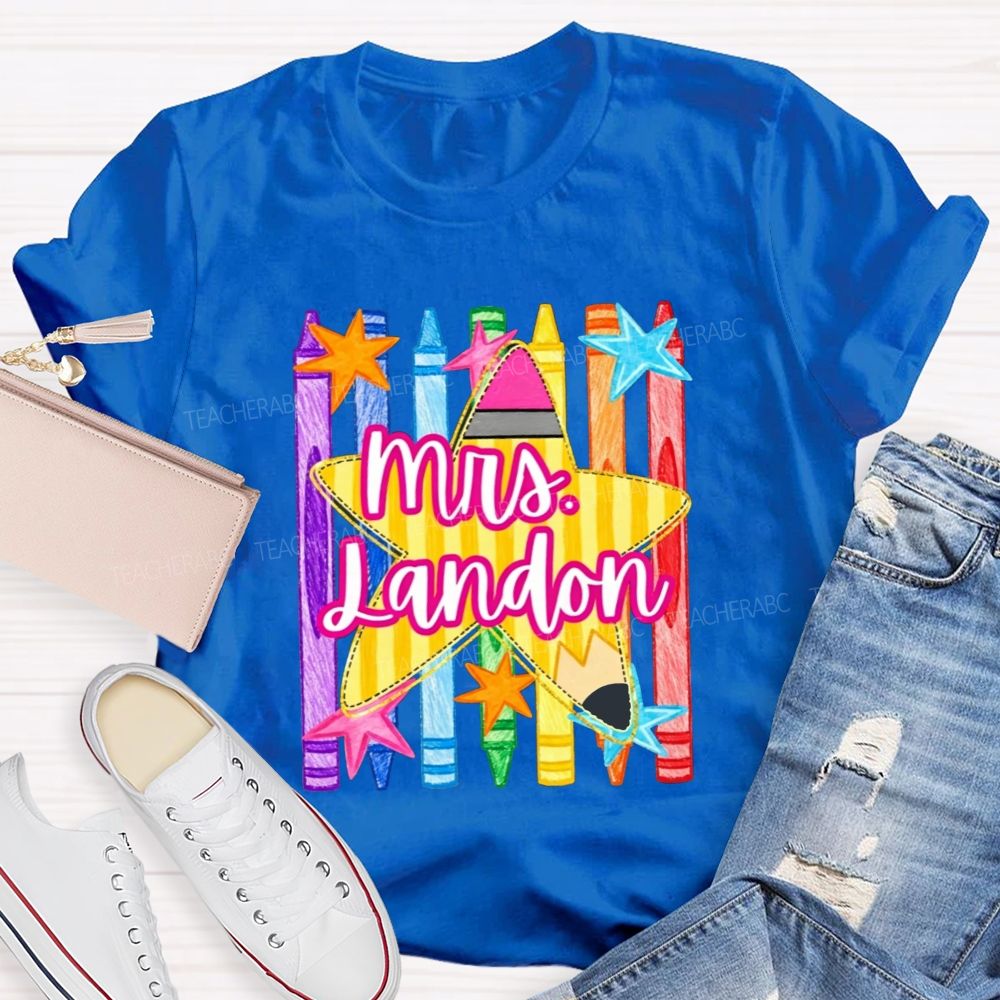 Personalized Name Watercolor Crayon Star Graphic Teacher T-shirt