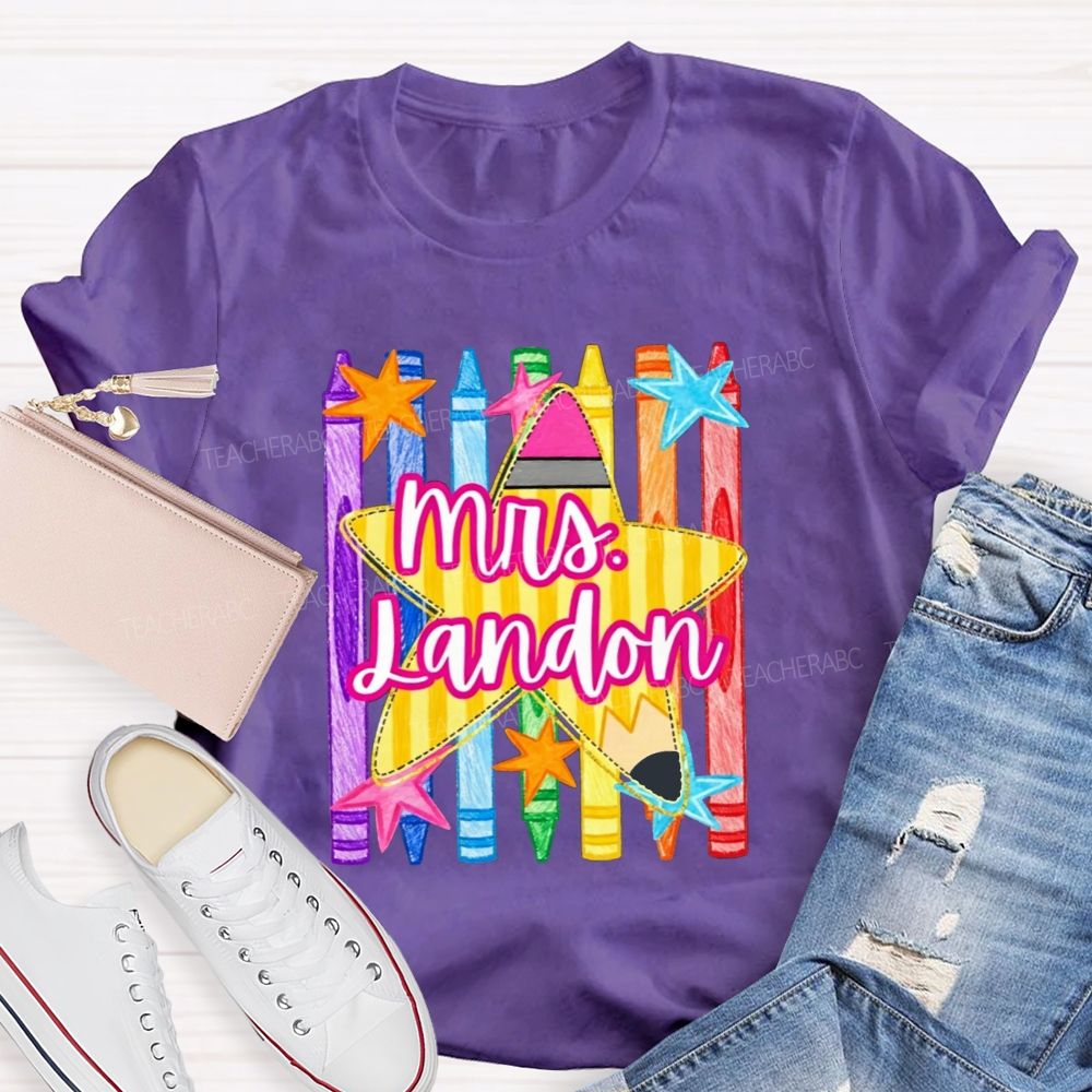 Personalized Name Watercolor Crayon Star Graphic Teacher T-shirt