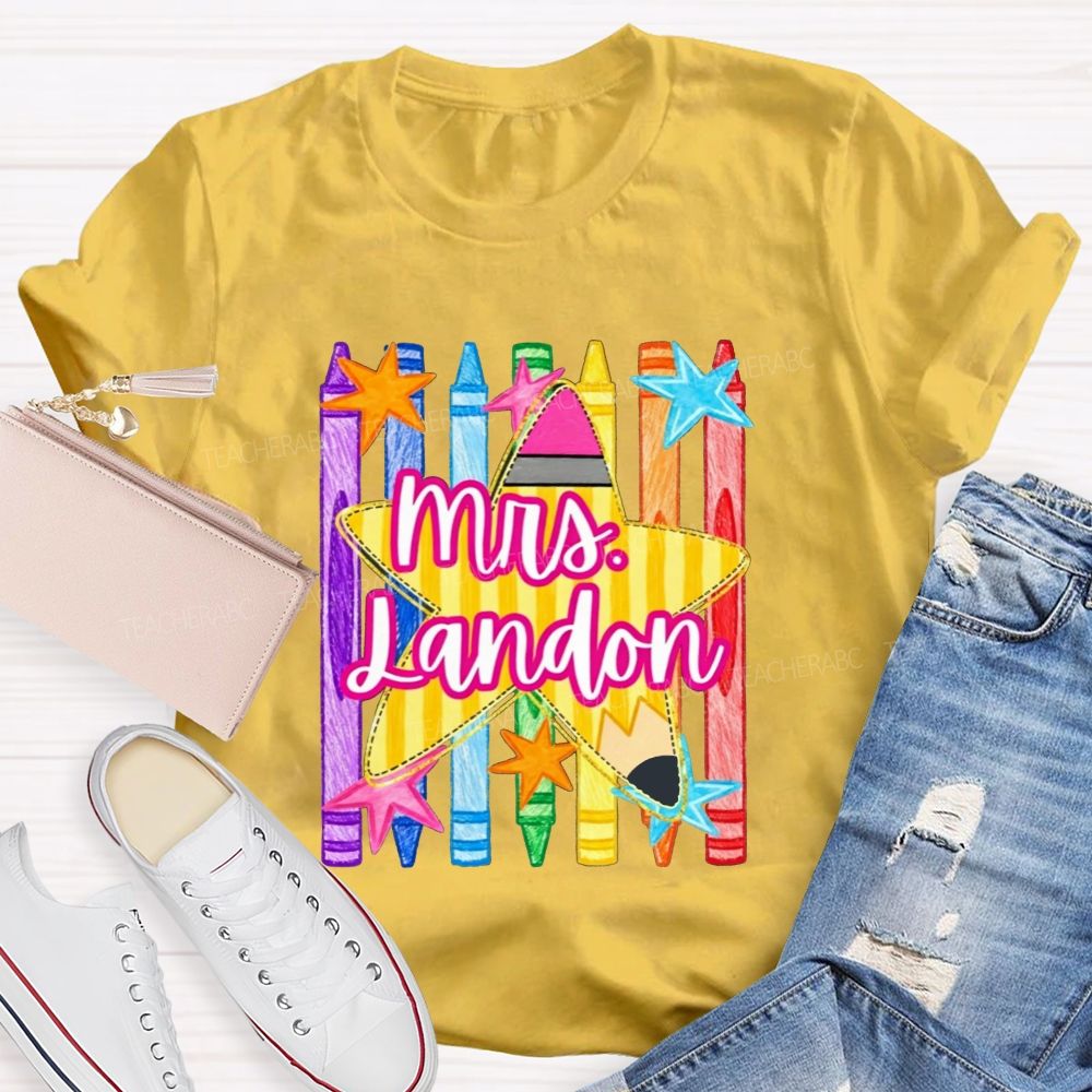 Personalized Name Watercolor Crayon Star Graphic Teacher T-shirt