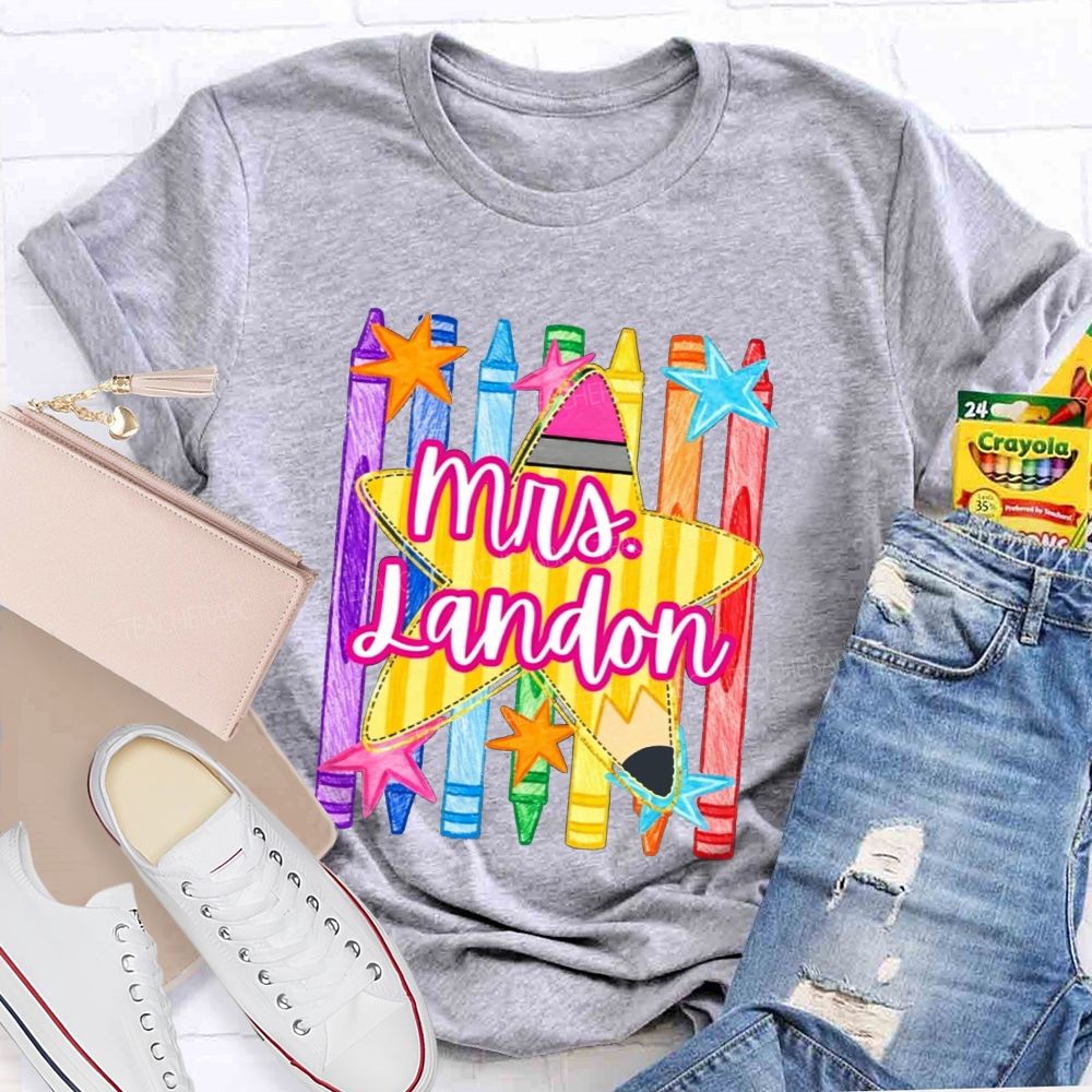Personalized Name Watercolor Crayon Star Graphic Teacher T-shirt