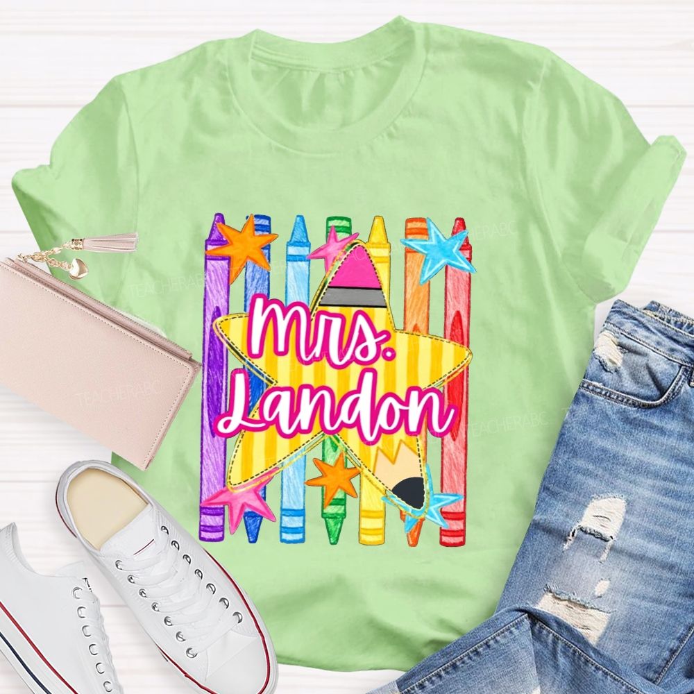 Personalized Name Watercolor Crayon Star Graphic Teacher T-shirt