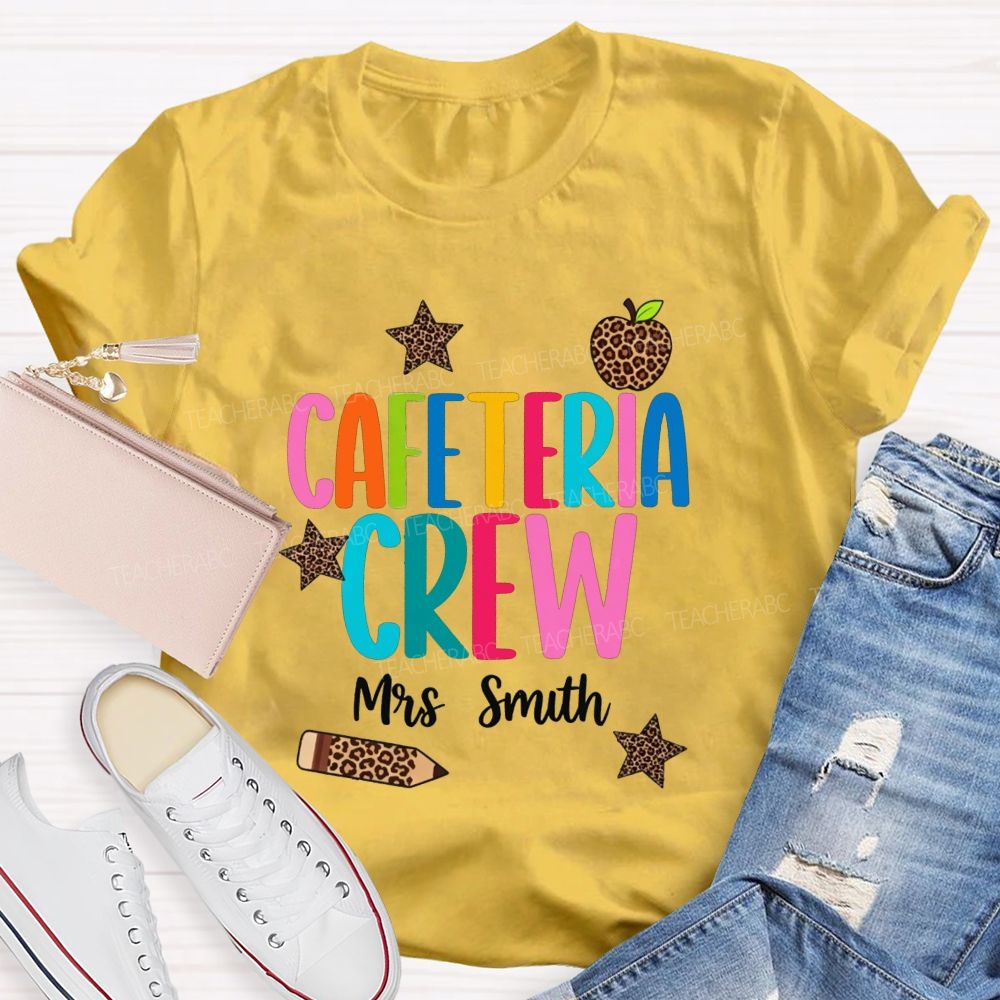 Personalized Name Cafeteria Crew Leopard Apple Star Pencil T-shirt
