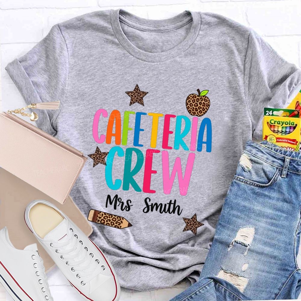 Personalized Name Cafeteria Crew Leopard Apple Star Pencil T-shirt