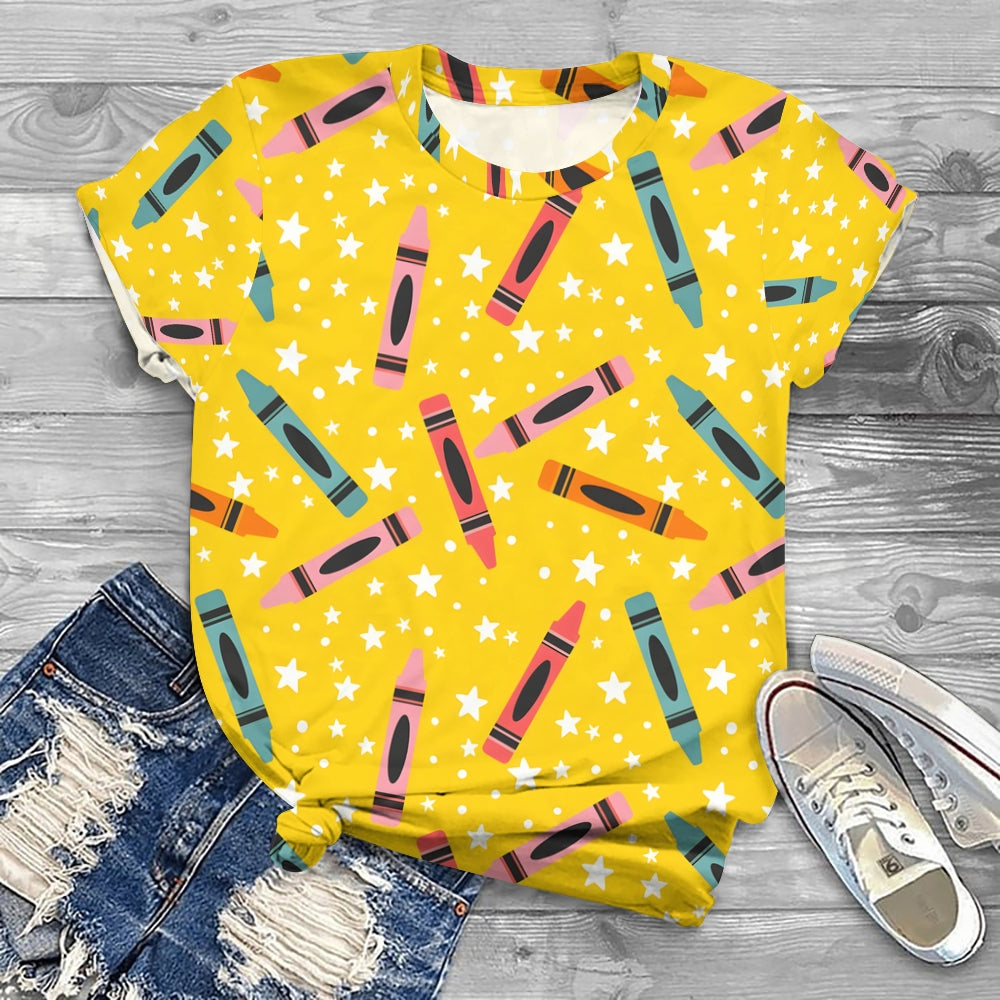 Yellow Polka-Dot Print Colored Crayons Printed T-shirt