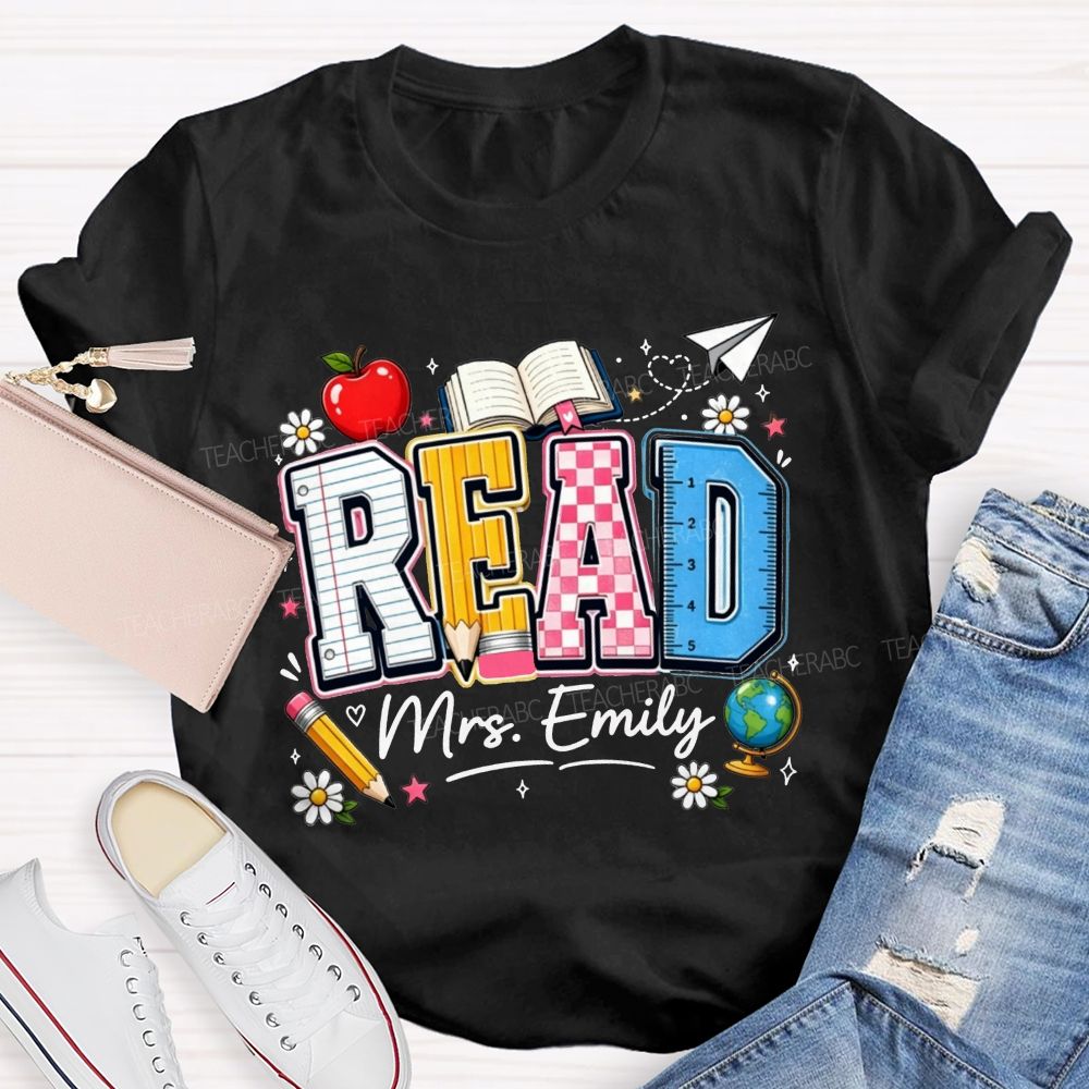 Personalized Name Read Letter Book Apple Teacher T-shirt