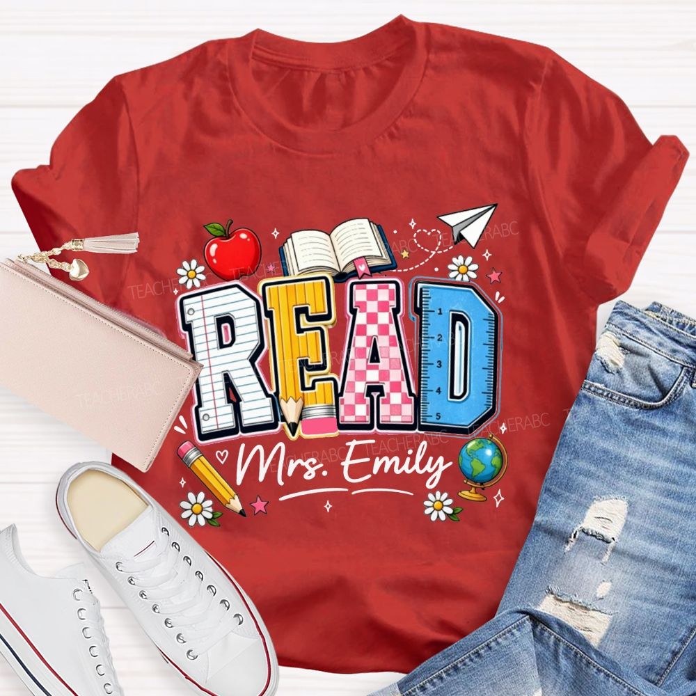 Personalized Name Read Letter Book Apple Teacher T-shirt