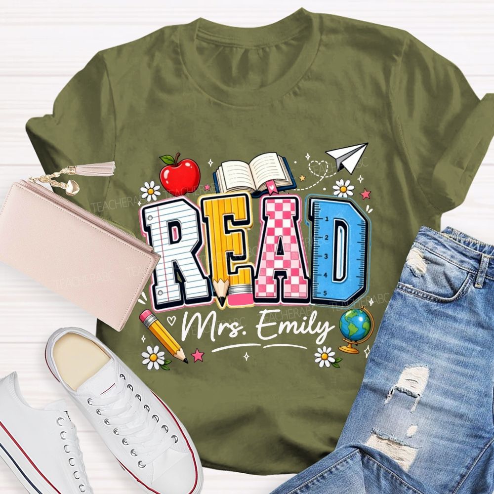 Personalized Name Read Letter Book Apple Teacher T-shirt