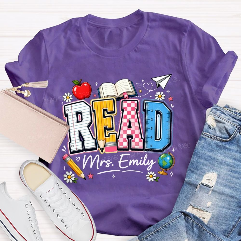 Personalized Name Read Letter Book Apple Teacher T-shirt